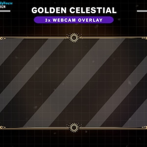 Op de afbeelding: Een gouden webcam-overlay met een hemels thema. De overlay heeft een rechthoekig frame met een zon- en maandesign in elke hoek. De tekst "GOLDEN CELESTIAL 3x WEBCAM OVERLAY" wordt bovenaan de overlay weergegeven.