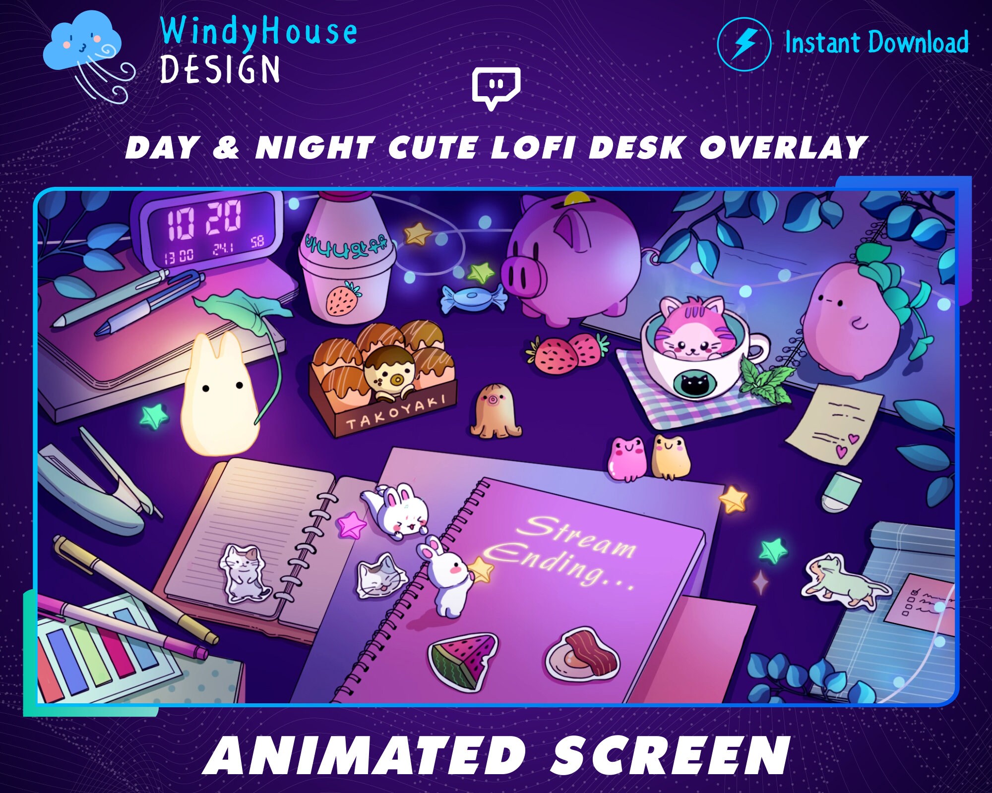 Animated Day & Night Lofi Desk Twitch Overlay Stream Screen, Cozy ...