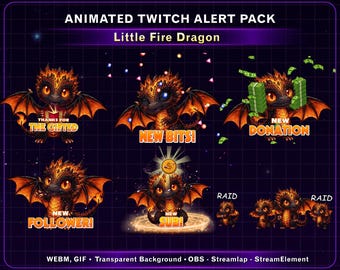 Animated Little Fire Dragon Twitch Alert Pack, Fantasy Dragon Stream Alerts for Twitch Overlay, Kick, Discord...