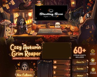 Cozy Autumn Grim Reaper Witch Desk  Animated Stream Package, Mystic Fall Forest Twitch Overlay for OBS, Cute Ghost VTuber Stream Overlay