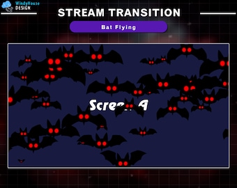 May include: A dark blue background with a stream of black bats flying with red eyes. The text "Stream Transition" is at the top of the image and the text "Bat Flying" is in a purple box below it. The text "Screech" is in the middle of the image.