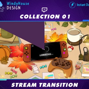 Puede incluir: Una ilustraci&oacute;n digital de una transici&oacute;n de transmisi&oacute;n de oto&ntilde;o con una consola Nintendo Switch con una pantalla de carga, un mando de juego, una taza de caf&eacute;, una calabaza y hojas de oto&ntilde;o. El texto "COLLECTION 01" y "STREAM TRANSITION" tambi&eacute;n se incluyen en la imagen.
