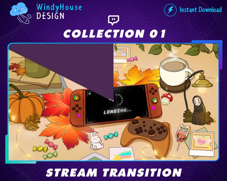 Puede incluir: Una ilustraci&oacute;n digital de una transici&oacute;n de transmisi&oacute;n de oto&ntilde;o con una consola Nintendo Switch con una pantalla de carga, un mando de juego, una taza de caf&eacute;, una calabaza y hojas de oto&ntilde;o. El texto "COLLECTION 01" y "STREAM TRANSITION" tambi&eacute;n se incluyen en la imagen.