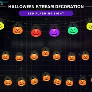 Pumpkins Witch Hat Light Twitch Stream Decoration, Halloween LED Flashing Light with Ghosts, Spiders, Cute, Halloween Twitch Overlay
