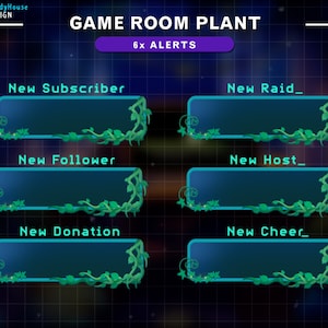 Puede incluir: Un conjunto de seis alertas de Twitch animadas con un dise&ntilde;o de vid verde. Las alertas son para nuevos suscriptores, incursiones, seguidores, anfitriones, donaciones y aplausos.