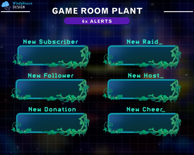 Puede incluir: Un conjunto de seis alertas de Twitch animadas con un dise&ntilde;o de vid verde. Las alertas son para nuevos suscriptores, incursiones, seguidores, anfitriones, donaciones y aplausos.