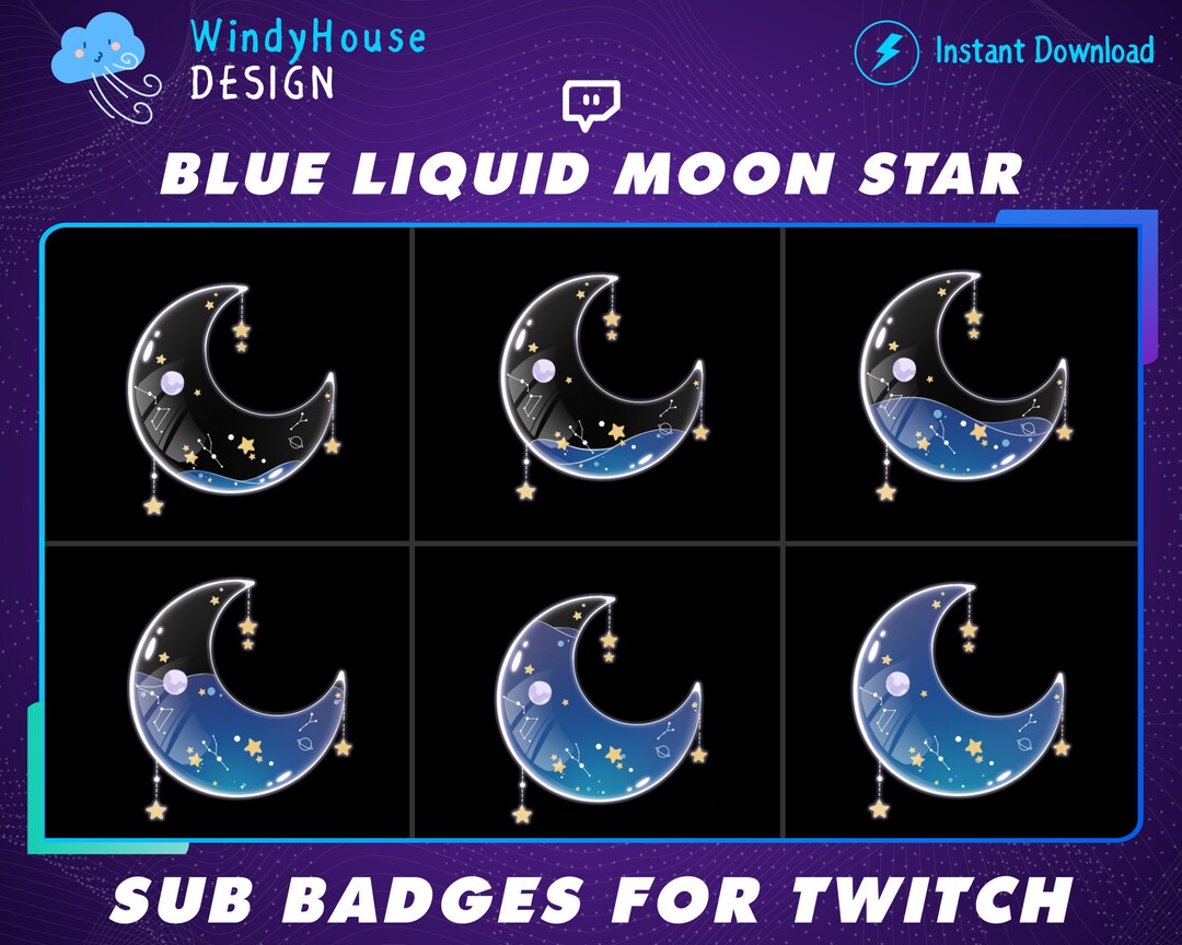 Blue Liquid Moon Star Twitch Sub Badges, Bit Badges, Bit Loyalty Badges