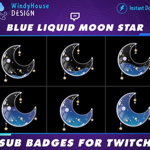 Blue Liquid Moon Star Twitch Sub Badges, Bit Badges, Bit Loyalty Badges, Star Badge, Badges For Streamers, Zodiac Twitch, Magic Moon Bottle