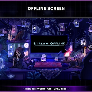 K&ouml;nnte beinhalten: Digitale Illustration eines Streaming-Setups mit gruseligem Thema. Der Bildschirm zeigt "STREAM OFFLINE". Eine Ghostface-Figur sitzt in der N&auml;he eines Computers, umgeben von Kerzen, einem Raben und Spielkarten. Der Hintergrund ist dunkel mit einer Waldszene.