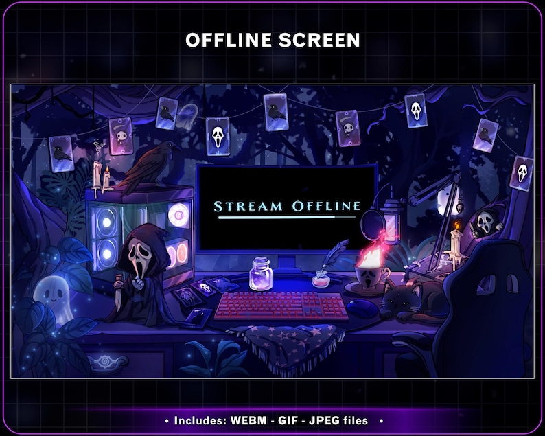 K&ouml;nnte beinhalten: Digitale Illustration eines Streaming-Setups mit gruseligem Thema. Der Bildschirm zeigt "STREAM OFFLINE". Eine Ghostface-Figur sitzt in der N&auml;he eines Computers, umgeben von Kerzen, einem Raben und Spielkarten. Der Hintergrund ist dunkel mit einer Waldszene.