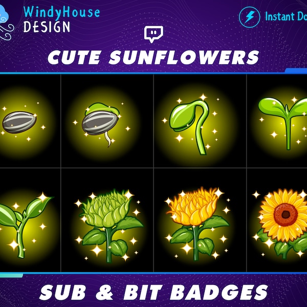 Sunflowers Twitch Sub Badges, Bit Badges, Cute sub badges, Kawaii, Streamer, Pastel, youtube Badges, flower, Sunflower sub badges