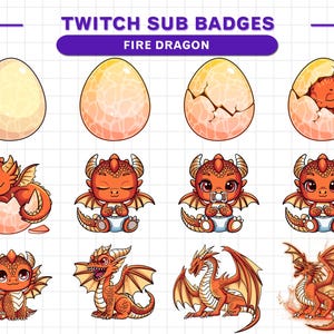 Pu&ograve; includere: Un set di badge di abbonamento Twitch che raffigurano un drago di fuoco in varie fasi di sviluppo, dall'uovo al drago adulto. I badge sono disegnati in uno stile cartone animato con colori vivaci ed espressioni carine.