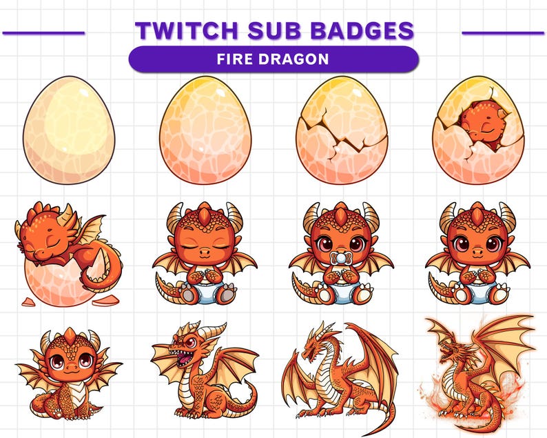 Pu&ograve; includere: Un set di badge di abbonamento Twitch che raffigurano un drago di fuoco in varie fasi di sviluppo, dall'uovo al drago adulto. I badge sono disegnati in uno stile cartone animato con colori vivaci ed espressioni carine.