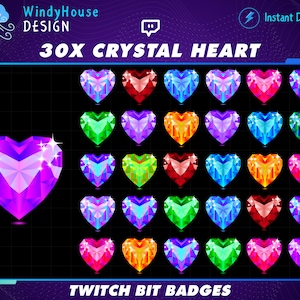 30x Crystal Hearts Twitch Bit Badges, Gem Stones Sub Badges for Streamers, YouTubers & Discord Active