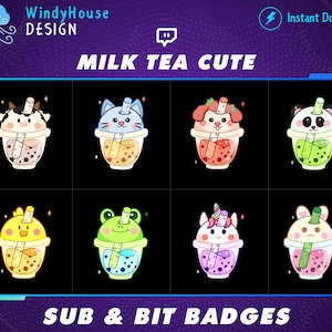 Kawaii Melk Thee Twitch Sub/Bit Badges, Kleurrijke Thee Twitch Sub Badge, Bit Badge, Kawaii Sub Badges, Leuke Sub Badges voor Streamers