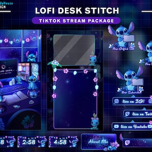May include: A digital art package with a blue and purple theme, featuring the character Stitch. The design includes a desktop setup, animated overlays, and social media buttons for streaming on Twitch, YouTube, and Instagram. Text includes "LOFI DESK STITCH" and "TIKTOK STREAM PACKAGE."