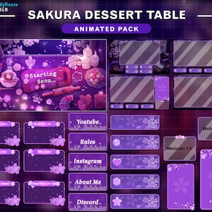 Animated Twitch Pack Cherry Blossom Dessert Table, Sakura Lofi Desk Stream Overlay with Sakura Falling, Night Sky, Hot Tea, Candle, Cake...