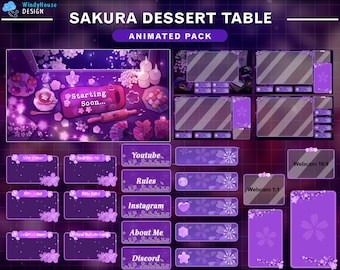 Paquete de Twitch animado Mesa de postres con flores de cerezo, superposición de transmisión de escritorio Sakura Lofi con Sakura cayendo, cielo nocturno, té caliente, vela, pastel...