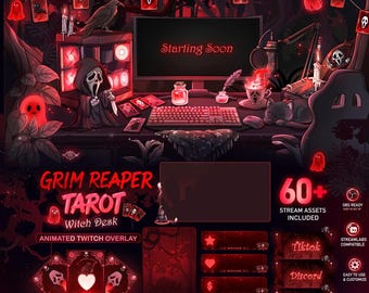Animated Grim Reaper Tarot Card Spooky Blood Forest Twitch Overlay Package, Cute Ghost Spirit Witch Desk Stream OverlaysVTuber Background