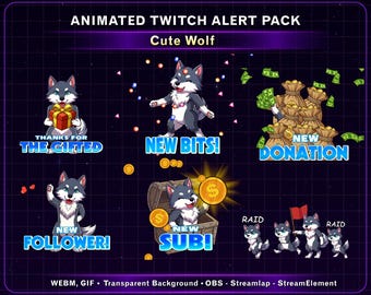 Animated Wolf Twitch Alerts, Wolf Stream Alerts Bundle, Cute Wolf Twitch Discord Emotes