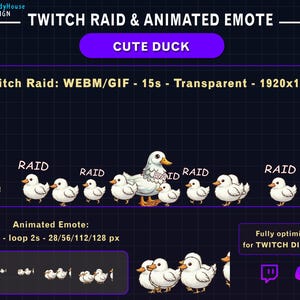 Könnte beinhalten: Animierter Twitch-Emote mit einem niedlichen Enten-Design. Das Bild zeigt eine Gruppe weißer Enten mit orangefarbenen Schnäbeln und Füßen, und das Wort "RAID" wird über einigen von ihnen angezeigt. Der Text weist darauf hin, dass der Emote für Twitch und Discord optimiert ist.