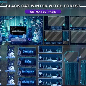 Könnte beinhalten: Ein digitales Kunstpaket mit Winterwald-Thema. Das Design zeigt eine schwarze Katze, einen Schneemann und Waldelemente in Blau- und Weißtönen. Enthält animierte Overlays, Panels mit Text wie "Youtube" und "About Me" und eine Computerbildschirmanzeige.