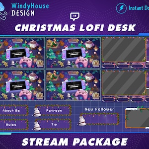 Animowany przytulny zimowy Twitch Stream Pełny pakiet, Urocza świąteczna nakładka Twitch Setup, Lofi Desk, Święta, Kawaii, Youtube, Niestandardowy, Scena