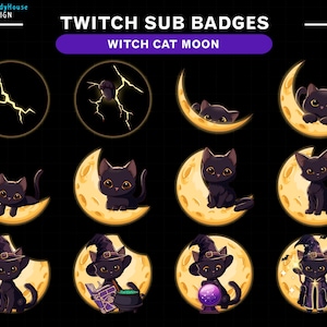 Witch Cat Moon Twitch Sub Badges, Mystic Cat Twitch Badge Set, Crescent Moon, Crystal Ball, Magic Cauldron, Glowing Bats, Witchy Aesthetic