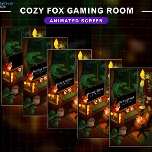 May include: Animated screen showing a cosy fox gaming room. The scene includes a desk with a computer, keyboard, and a fox character. Text on the screen reads "Starting Soon", "Stream Offline", and "Be Right Back". The room has a window with a view of trees.