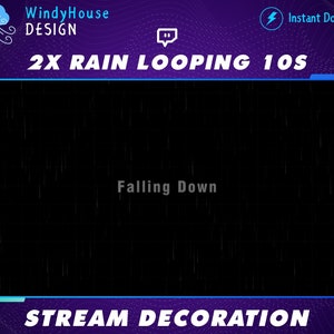 May include: A black screen with the text "Falling Down" in white, surrounded by a blue and purple border. The text "2X RAIN LOOPING 10S" is at the top of the border, and the text "STREAM DECORATION" is at the bottom.