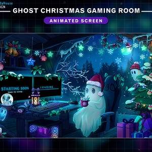 Op de afbeelding: Een geanimeerd scherm met een spookachtig kerstgaming-kamer. De scène toont een spookachtig personage met een kerstmuts, een versierde kerstboom en een computeropstelling met de tekst "Starting Soon" en "Loading...". De kamer is versierd met feestelijke lichten en sneeuwvlokken.