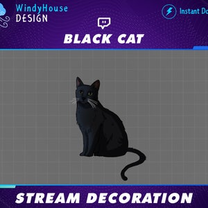 Animated Black Cat Stream Decoration, Cute Cat Twitch Overlay