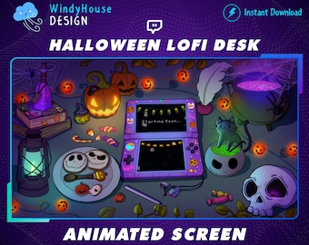 Animated Halloween Cozy Twitch Stream Screen, Retro Lofi Aesthetic Desk,Ipad Gamer,Ghost ,Pumpkin, Black Cat twitch, Aesthetic twitch