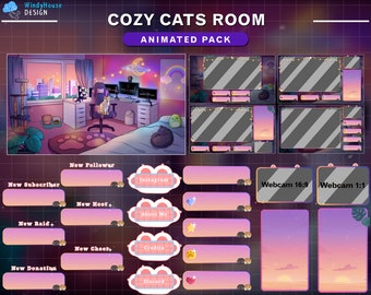 Animated Stream Package Cozy Cats Room , Cozy Bedroom Twitch Overlay, Cute Cat Twitch, Starting Soon, BRB, Offline Screens