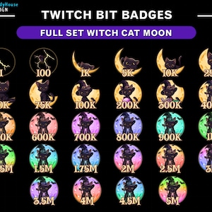 魔女猫の月のTwitchビットバッジ、神秘的な猫の数字のTwitchバッジ、三日月、水晶玉、光るコウモリ、魔女の美学