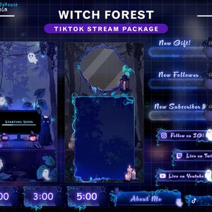 Pacote de transmissão TikTok de floresta de bruxas animadas – sobreposição assustadora com fantasmas, gato preto, sobreposição de floresta encantada para streamer