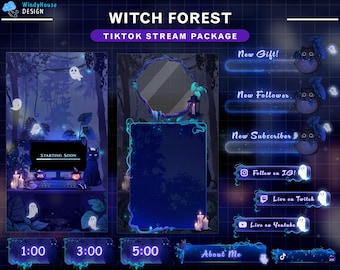 May include: A digital Witch Forest TikTok stream package with a dark blue and teal color scheme. The design includes a starting soon screen, animated overlays, and social media buttons. The text includes "Witch Forest" and "TikTok Stream Package".