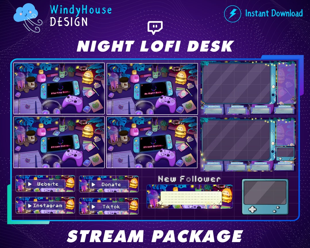 Cozy Twitch Overlay Stream Package, Lofi Desk Twitch Overlay, Purple ...