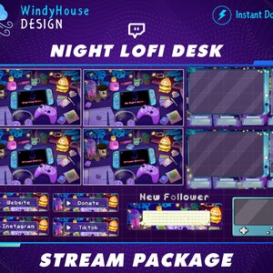 Package de flux de superposition Twitch confortable, superposition Lofi Desk Twitch, superposition de thème violet pour Twitch