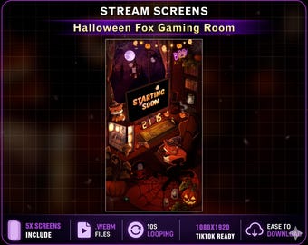 TIKTOK Overlay Halloween Fox Gaming Room, Cute Fox Pumpkin Animated Vertical Overlay for OBS & TikTok Live Studio