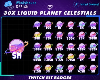 May include: A set of 30 Twitch bit badges featuring a liquid planet design with a rainbow color scheme. The badges are numbered from 1 to 5 million.