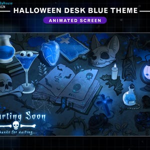 Animated Halloween Desk Dark Blue Theme Stream Screens, Gothic Vampire Twitch Overlay with Black Rose, Blood, Skull, Bat, Potions...