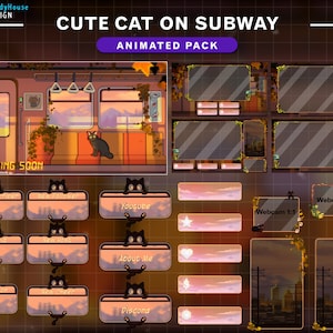 May include: Animated Twitch overlay pack featuring a cute cartoon cat on a subway. The pack includes overlays for starting soon, new subscriber, new follower, new raid, new host, new donation, new cheer, youtube, about me, discord, webcam 1:1, and webcam 16:9.