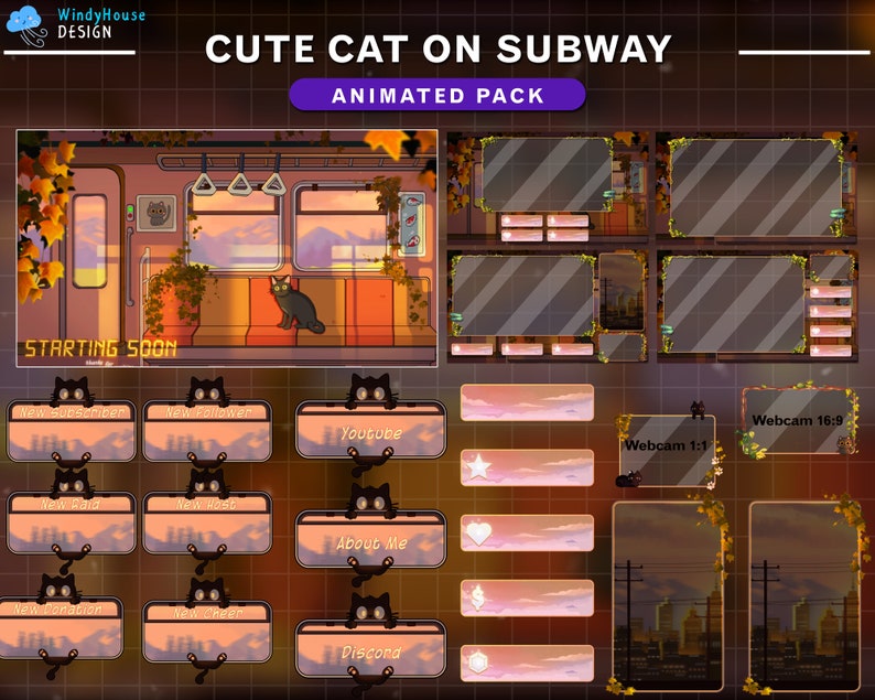 May include: Animated Twitch overlay pack featuring a cute cartoon cat on a subway. The pack includes overlays for starting soon, new subscriber, new follower, new raid, new host, new donation, new cheer, youtube, about me, discord, webcam 1:1, and webcam 16:9.