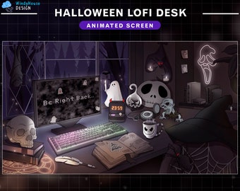 Animierte Twitch Screens Halloween Lofi Schreibtisch Schwarz & Weiß Thema, Halloween Room Stream Bildschirme mit Spinne, Geist, Schädel ...