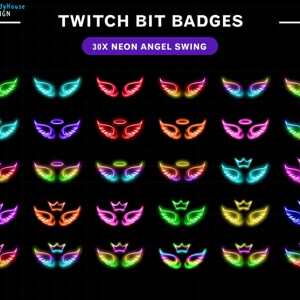30x Neon Wings Angels Twitch Bit Badges, Colorful Wings Sub Badges for Streamers, YouTubers & Discord