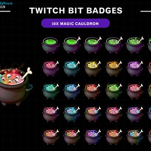 Set of 30 Magic Cauldron Twitch Bit Badges, Skull Sub Badges for Streamers, YouTubers & Discord