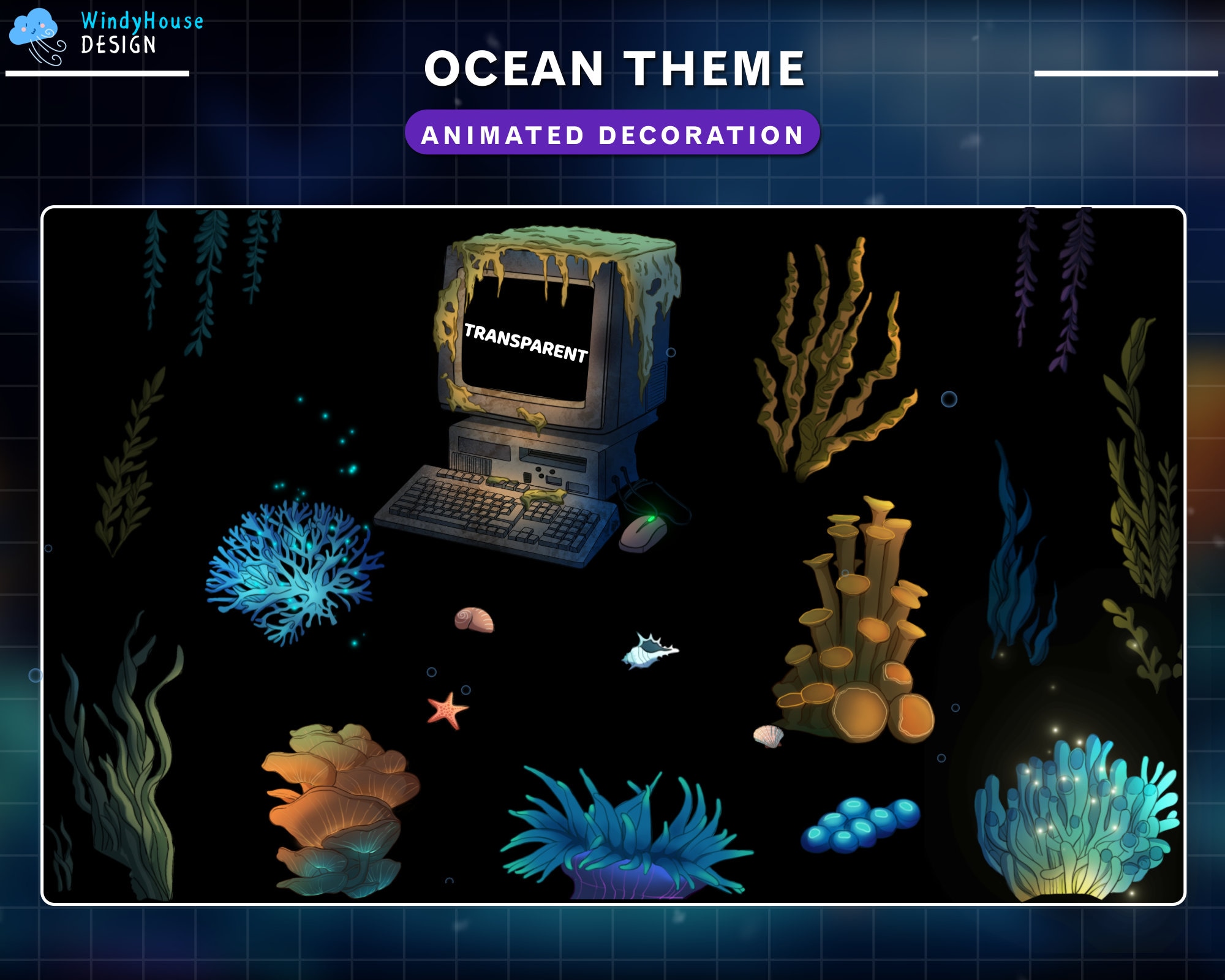 20x Animated Ocean Theme Stream Decoration, Summer Twitch Overlay, Shark Twitch, Coral, Seaweed, Sea Kick Overlay, Graphics For Streamer