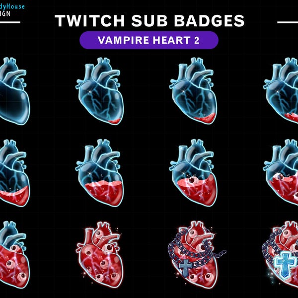 Blue Vampire Heart Twitch Sub Badges, Gothic Twitch Badge with Blood, Evil Eyes and Crosses, Horror Badge Set for Streamers