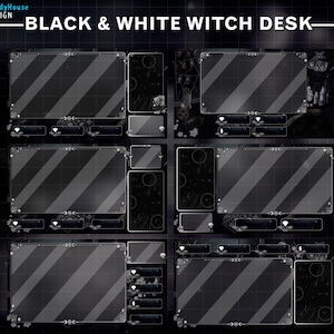 May include: A digital design featuring a black and white witch desk layout. The design includes multiple panels with diagonal stripes, decorative elements, and the text "BLACK & WHITE WITCH DESK". The overall aesthetic is dark and mystical.